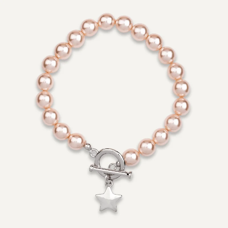 Pink Mother Of Pearl & Star Pendant T-bar Bracelet In Silver-Tone