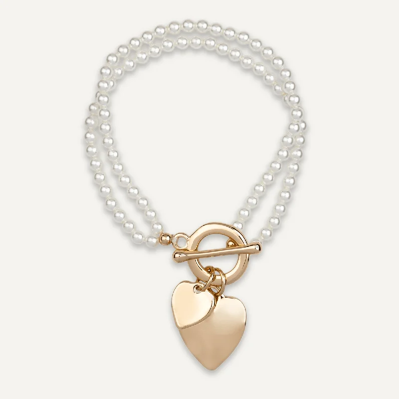 Double-row Pearl Heart Pendant Bracelet In Gold-Tone