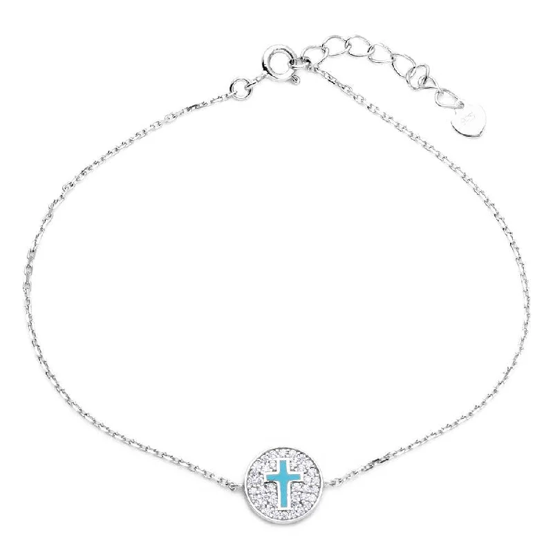 Rhodium Plated 925 Sterling Silver Bracelet with CZ Encrusted Cross Disc - GMB00040