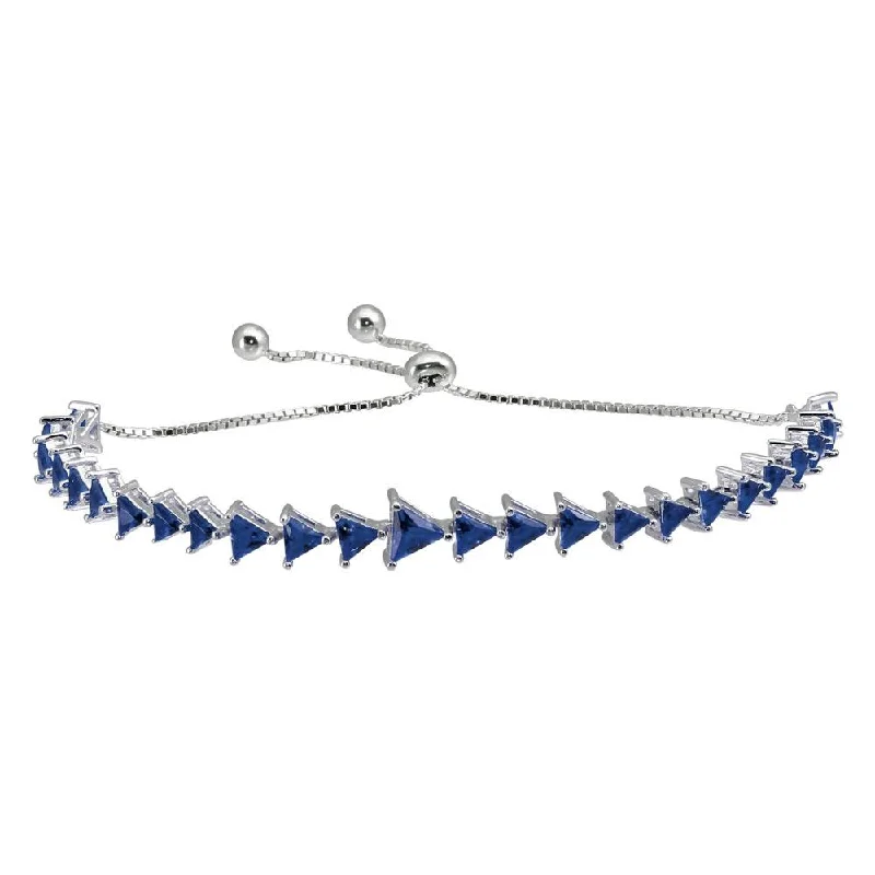 Rhodium Plated 925 Sterling Silver Blue CZ Triangle Lariat Bracelet - GMB00066BLU