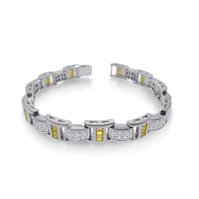 Rhodium Plated 925 Sterling Silver Men's Clear and Yellow CZ Link Bracelet - STBM05Y