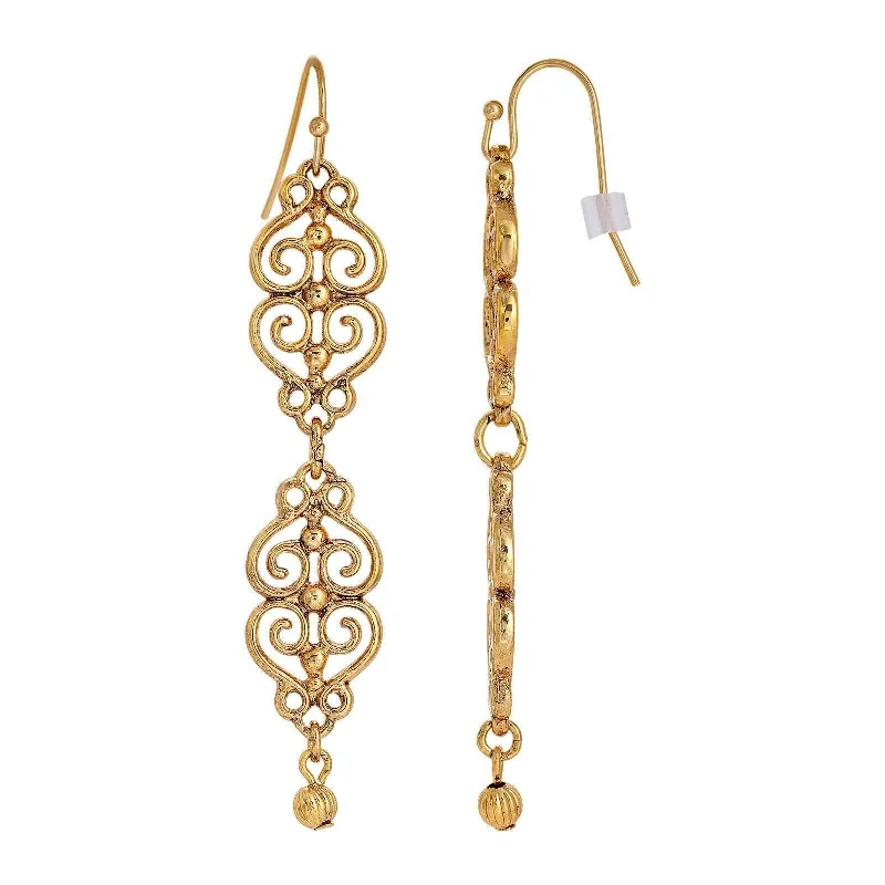 1928 Jewelry Gold Heart Filigree Wire Dangling Earrings