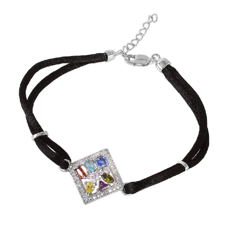 Silver 925 Black Rope Multicolored CZ Bracelet - BGB00142