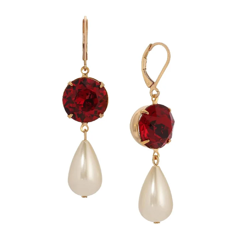 1928 Jewelry Siam Red Euro Crystal Faux Pearl Teardrop Dangling Earrings