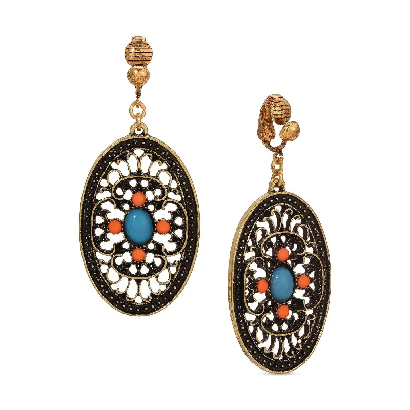 1928 Jewelry Brass Turquoise And Coral Filigree Oval Clip On Earrings