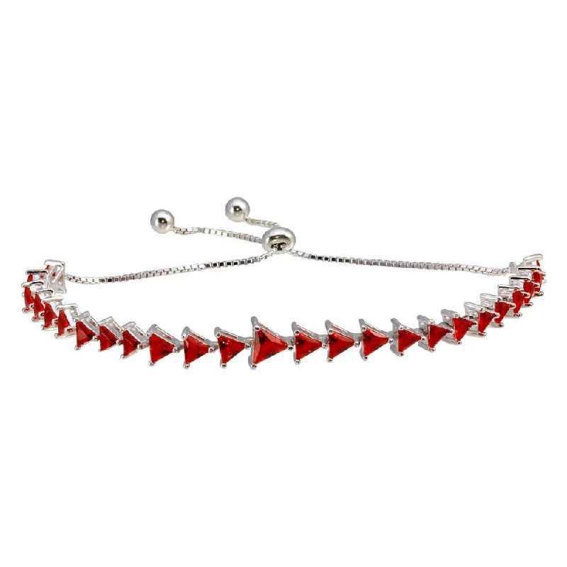 Rhodium Plated 925 Sterling Silver Red CZ Triangle Lariat Bracelet - GMB00066-RUBY