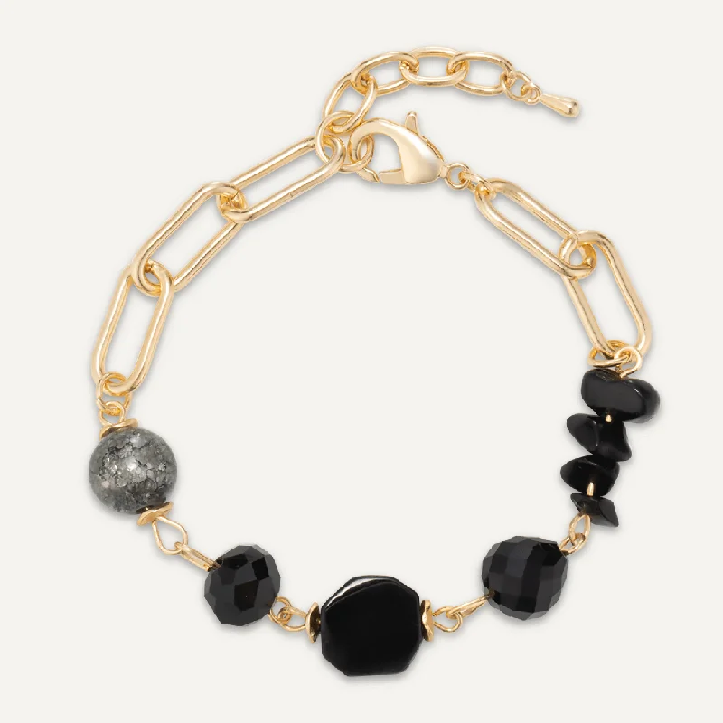 Black Semi-Precious Stone & Crystal Clasp Bracelet In Gold-Tone