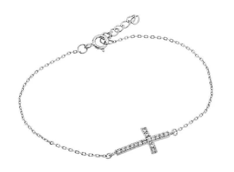 Rhodium Plated 925 Sterling Silver Sideways Cross CZ Bracelet - BGB00127RH