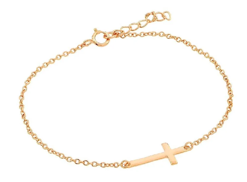 Rose Gold Plated 925 Sterling Silver Sideways Cross Bracelet - BGB00129RGP