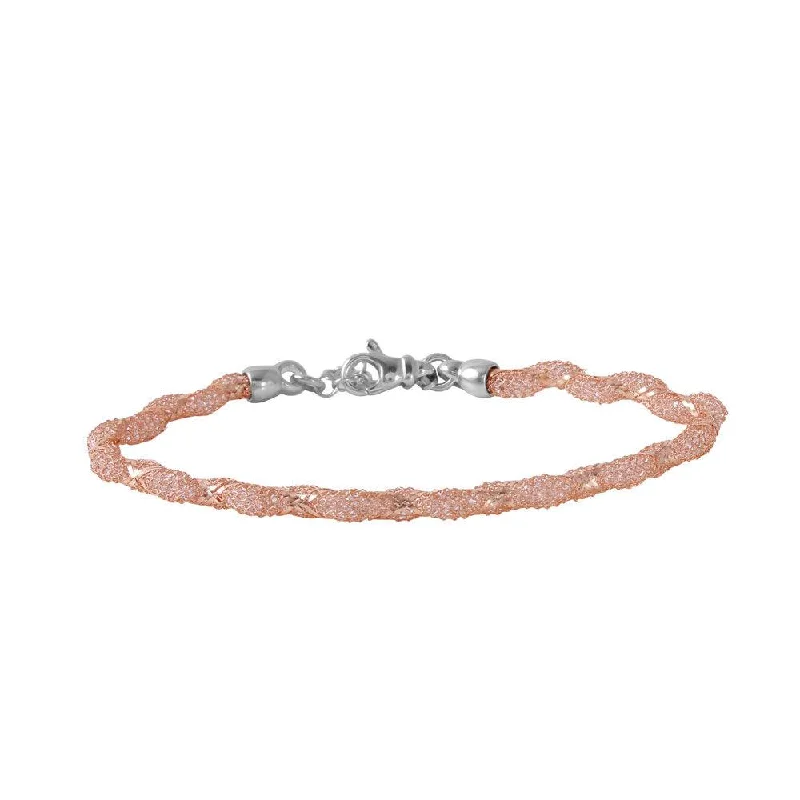 Silver 925 Rose Gold Plated Mesh and Wrapped Embedded CZ Slim Italian Bracelet - ECB00095R