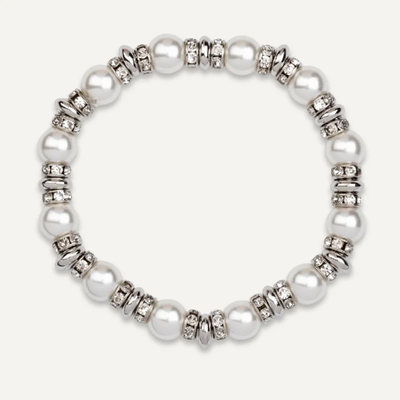 Pearl & Crystal Elasticated Bracelet In Silver-Tone