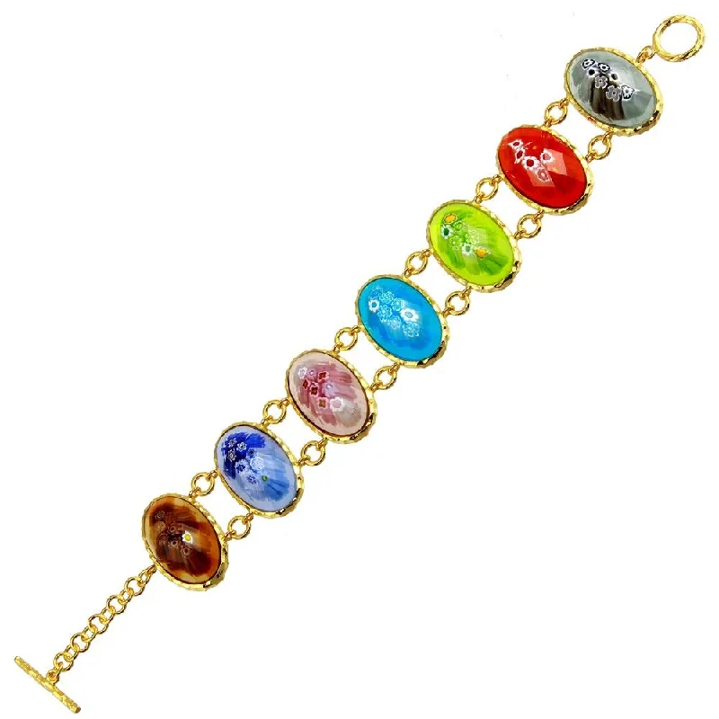 Gold Plated 925 Sterling Silver Oval Multi Color Murano Glass Link Bracelet - MB00003