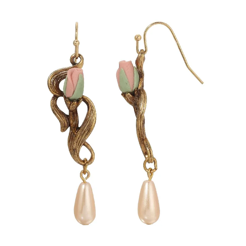 1928 Jewelry Pink Porcelain Rose Bud & Champagne Faux Pearl Teardrop Dangling Earrings