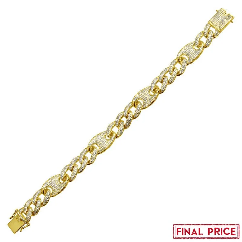 Gold Plated 925 Sterling Silver CZ Encrusted Figaro Mariner Bracelet 14.5mm - GMB00077GP