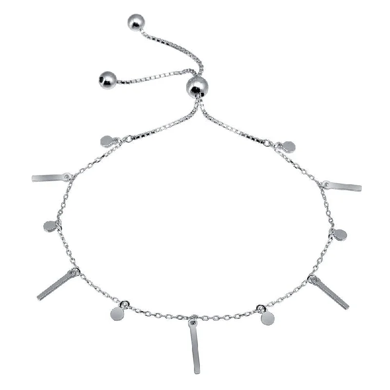 Rhodium Plated 925 Sterling Silver Layered Dangling Bar and Disc Chain Lariat Bracelet - GMB00069