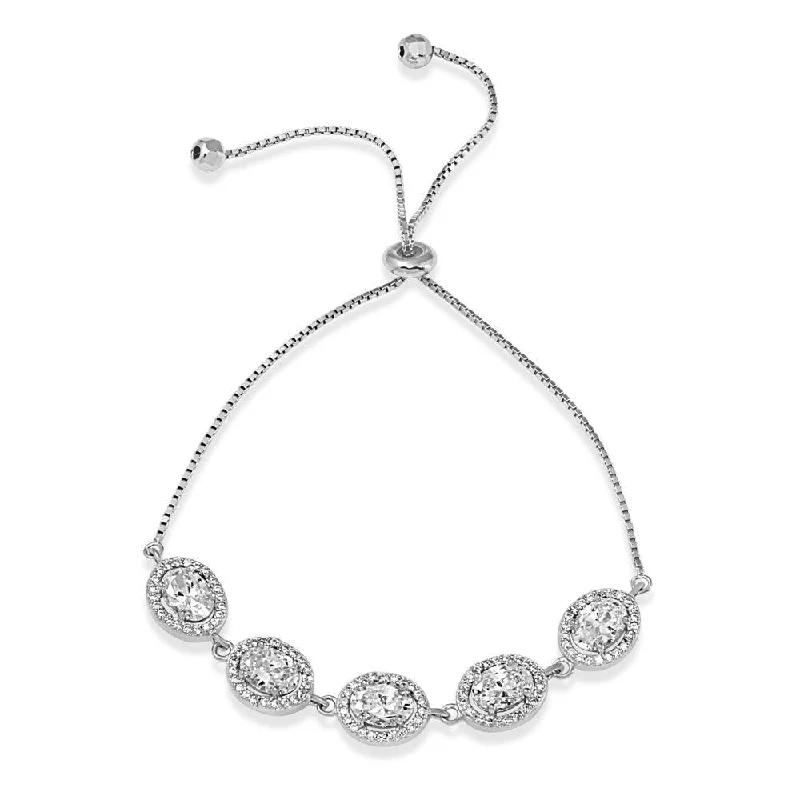 Rhodium Plated 925 Sterling Silver 5 Micro Pave Clear Oval and Clear Round CZ Lariat Bracelet - STB00548CZ