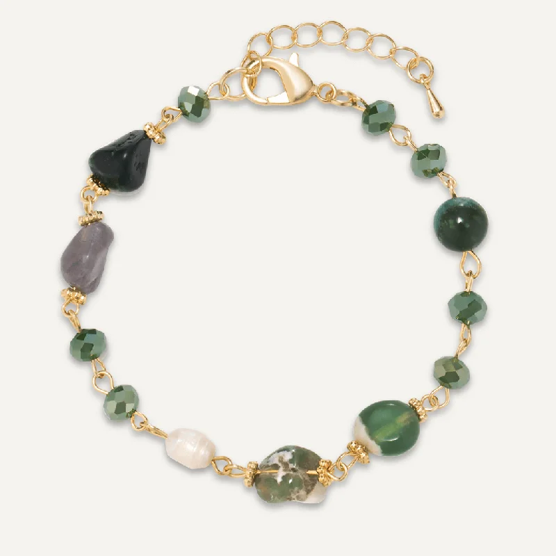 Green Natural Stone & Freshwater Pearl Bracelet In Gold-Tone