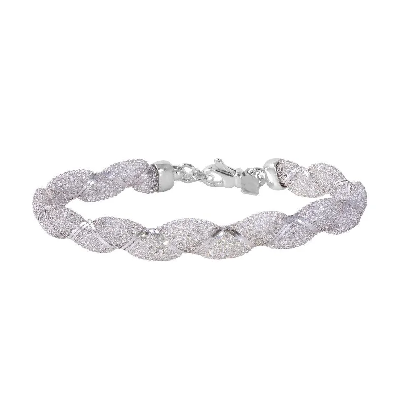 Silver 925 Rhodium Plated Mesh and Wrapped Embedded CZ Italian Bracelet - ECB00092RH