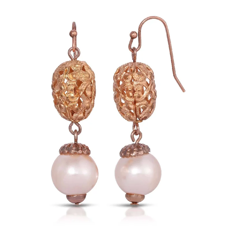 1928 Jewelry Rosabella Champagne Faux Pearl Rose Gold Filigree Bead Dangling Earrings