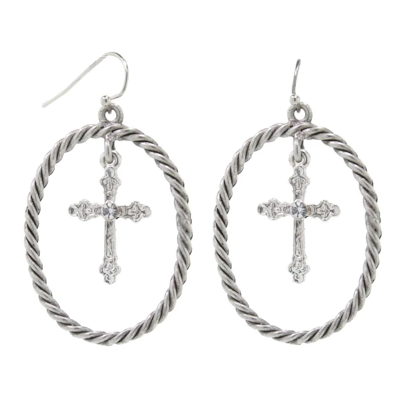 2028 Jewelry Crystal Accent Suspended Cross Drop Hoop Earrings