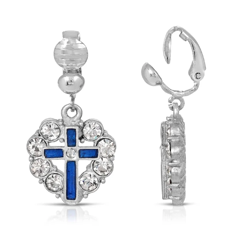 Symbols Of Faith Enamel Cross Crystal Heart Clip On Earrings