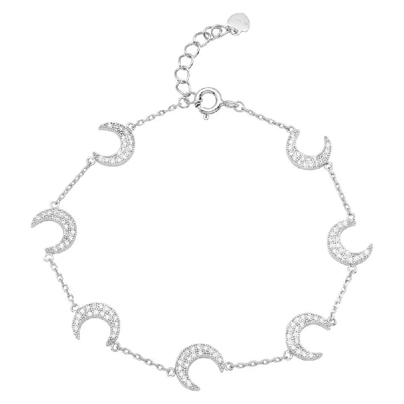 Rhodium Plated 925 Sterling Silver Multiple CZ Crescent Bracelet - GMB00047RH