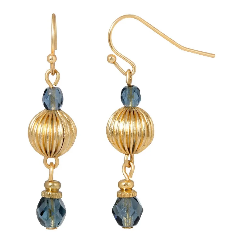 1928 Jewelry Round Corrugated & Montana Blue Bead Drop Earrings