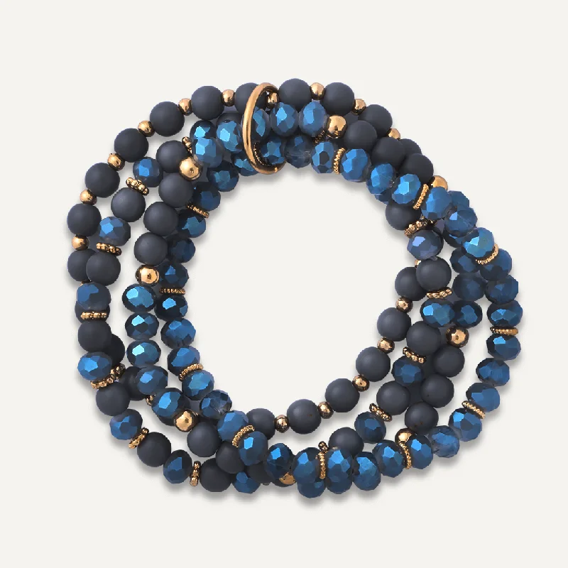 Multi-row Blue Semi-Precious Stone & Crystal Elasticated Bracelet In Gold-Tone