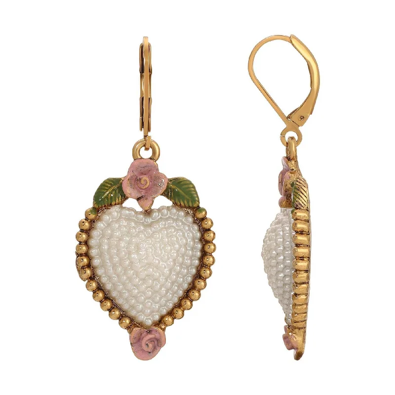 1928 Jewelry Pearly Eden Pink Rose Enamel Heart Faux Pearl Drop Earrings