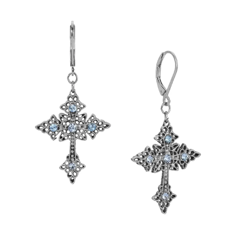 Symbols Of Faith Croce Elegante Light Sapphire Crystal Drop Earrings