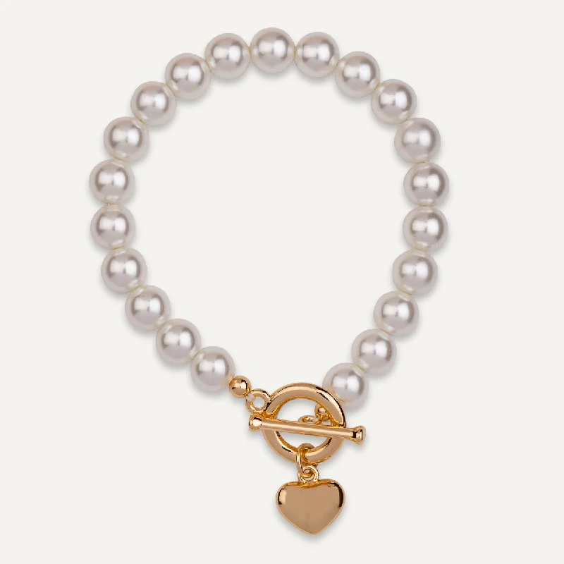 Mother Of Pearl Heart Pendant T-bar Bracelet In Gold-Tone