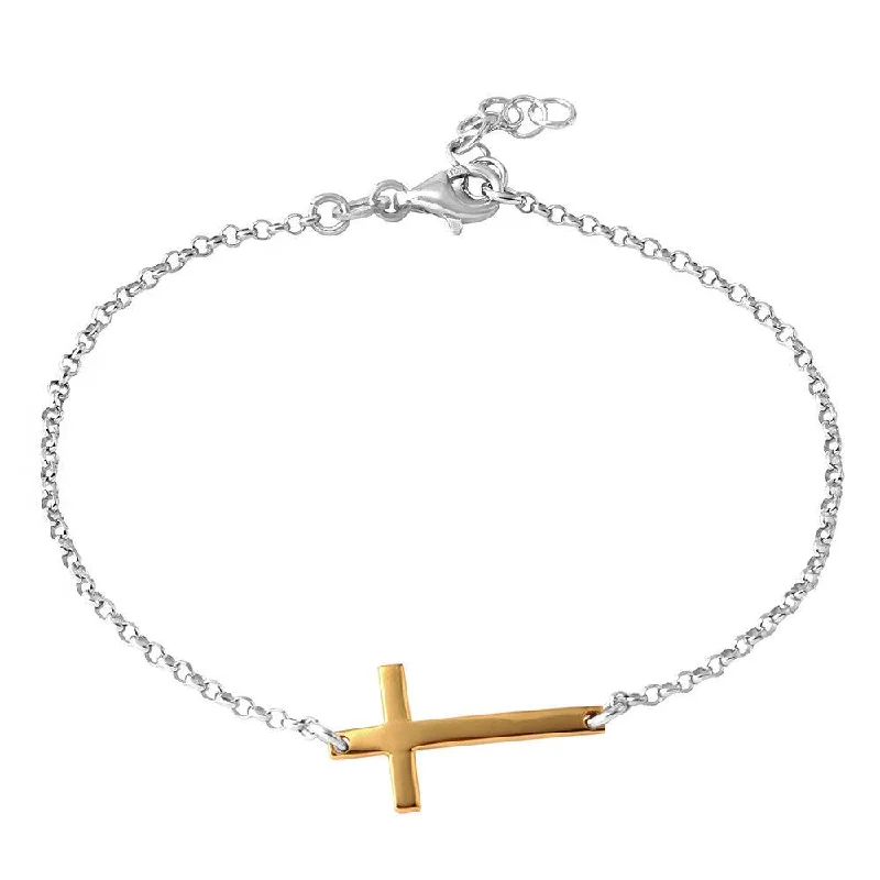 Silver 925 Rhodium Plated Italian Rolo Chain with Gold Plated Cross Bracelet - ARB00020RH-GP