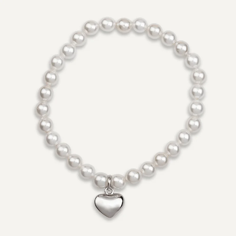 Pearl & Heart Elasticated Bracelet In Silver-Tone