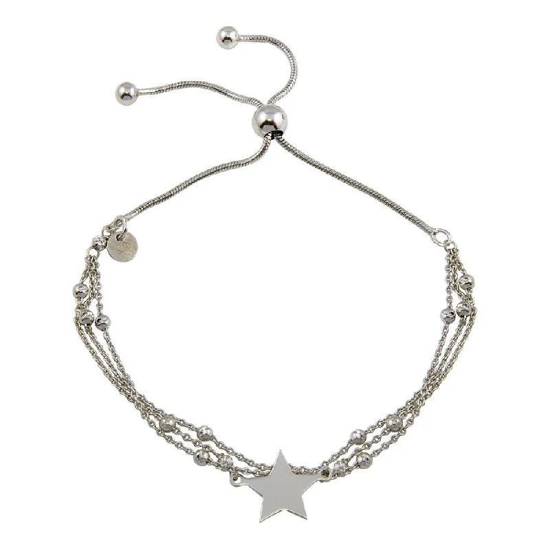 Rhodium Plated 925 Sterling Silver Multi Chain Star Beaded Lariat Bracelet - ECB00118