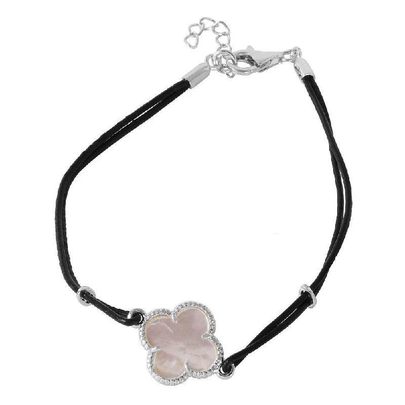 Silver 925 Mother of Pearl Clover on Leather Strap Bracelet - BGB00154