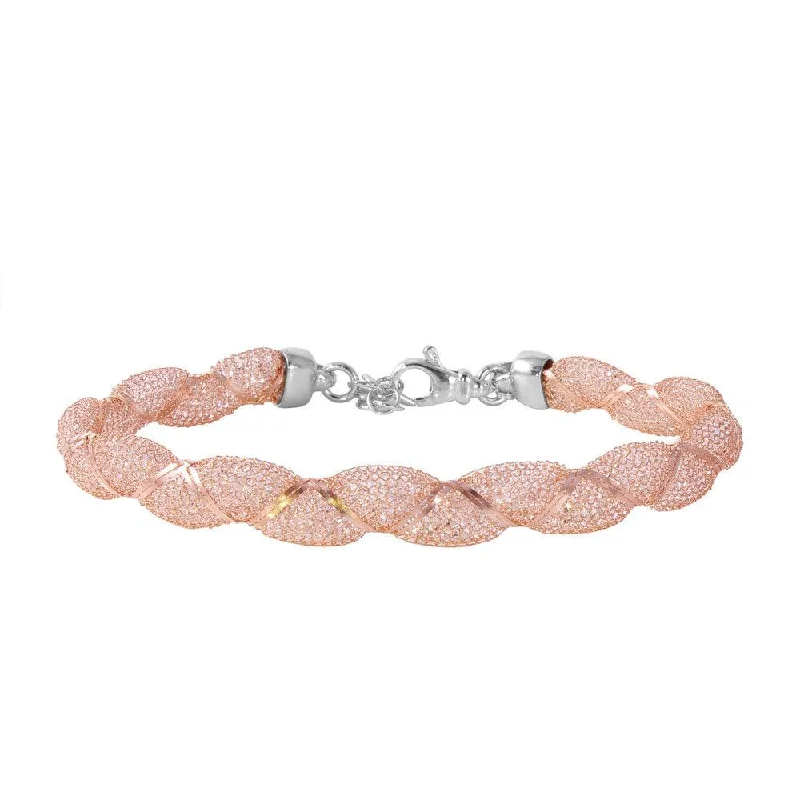 Silver 925 Rose Gold Plated Mesh and Wrapped Embedded CZ Italian Bracelet - ECB00092R