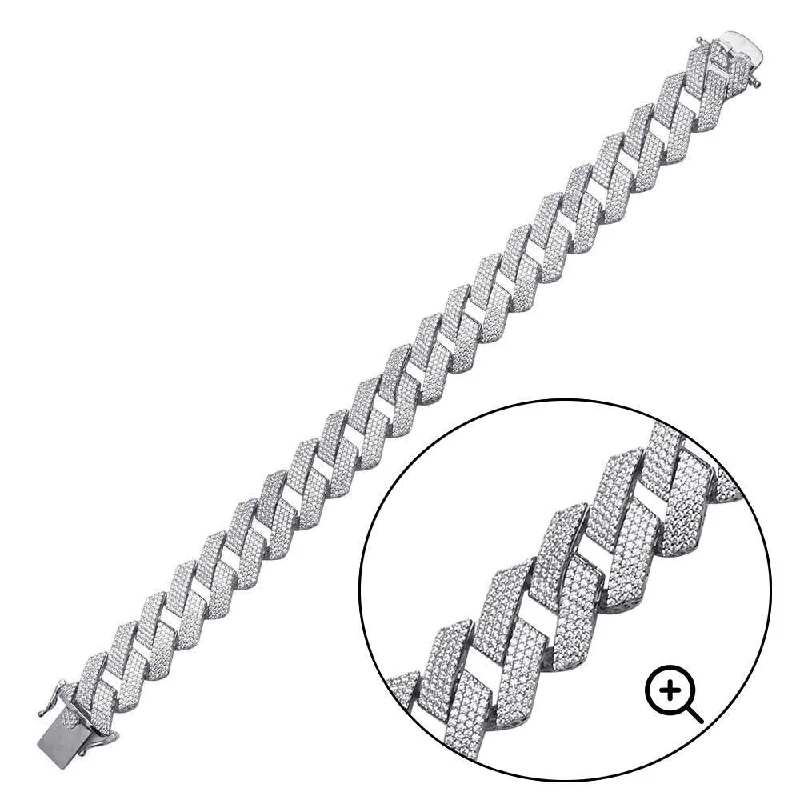 Rhodium Plated 925 Sterling Silver CZ Encrusted Square Miami Cuban Link Bracelet 17.0mm - GMB00074