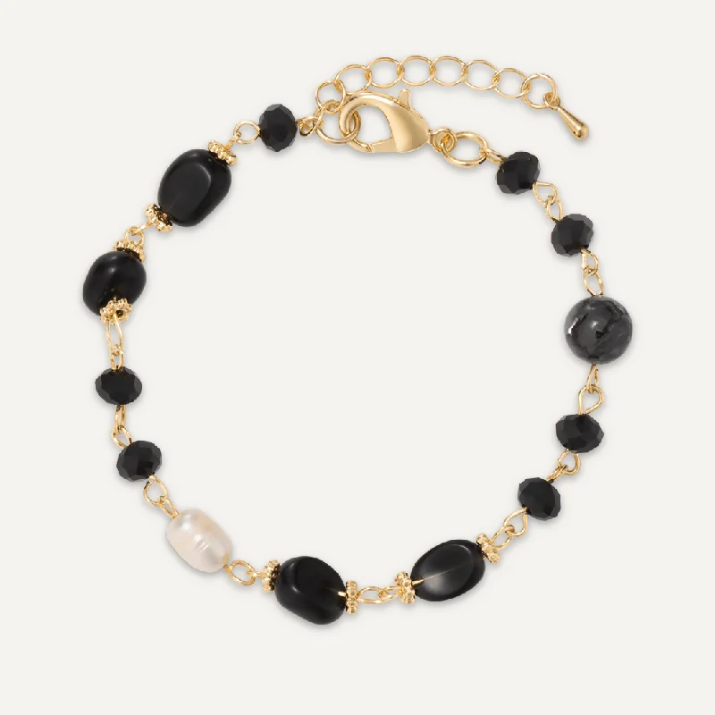 Black Natural Stone & Freshwater Pearl Bracelet In Gold-Tone