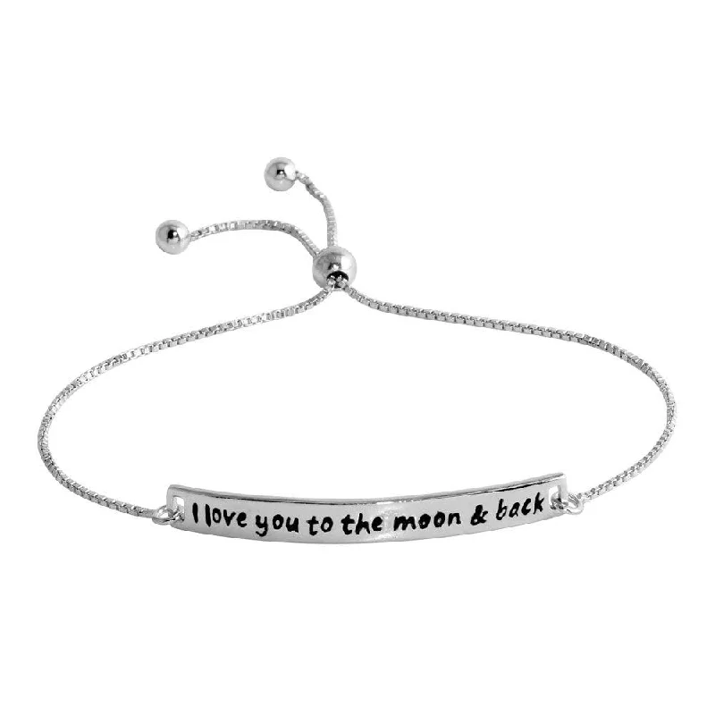 Rhodium Plated 925 Sterling Silver Engraved Curved Bar Lariat Bracelet - DIB00033RH