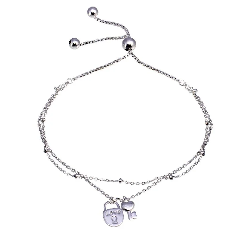 Rhodium Plated 925 Sterling Silver Layered Lock and Key Chain Lariat Bracelet - GMB00071