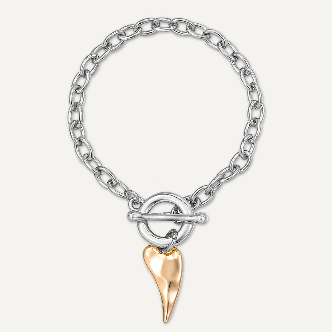 Heart Tusk Charm T-Bar Bracelet In Silver & Gold-Tone