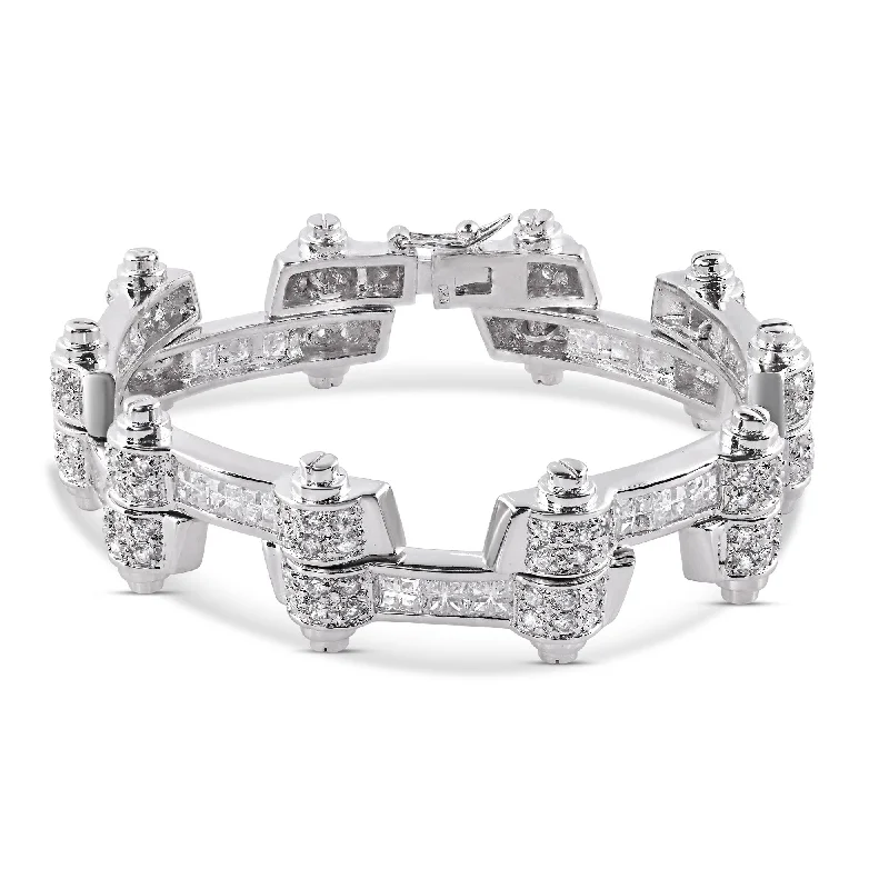 Rhodium Plated 925 Sterling Silver DC CZ Alternating Hinge Men's Bracelet - STBM0009