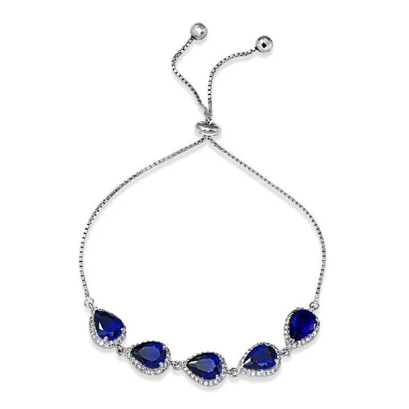 Rhodium Plated 925 Sterling Silver 5 Micro Pave Blue Pear and Clear Round CZ Lariat Bracelet - STB00549BLU