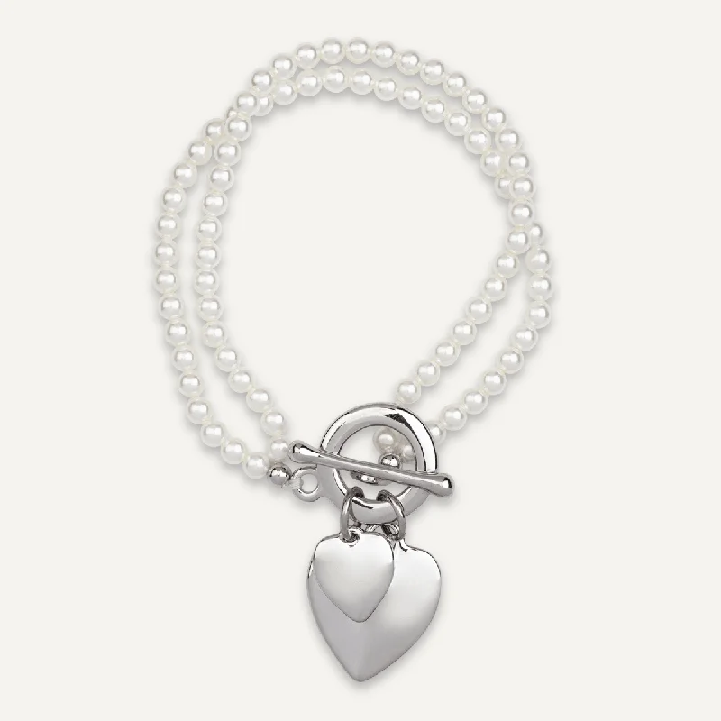 Double-row Pearl Heart Pendant Bracelet In Silver-Tone