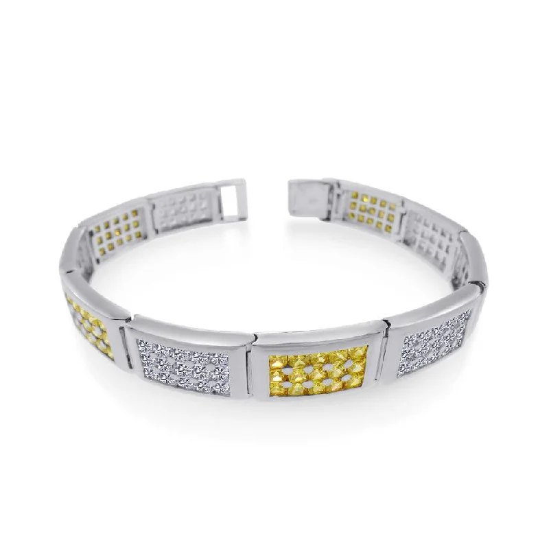 Rhodium Plated 925 Sterling Silver Men's Rectangle Bar Clear and Yellow CZ Link Bracelet - STBM22