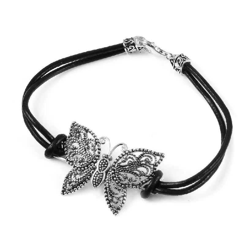 Silver 925 Beaded Butterfly Leather Bracelet - BGB00248