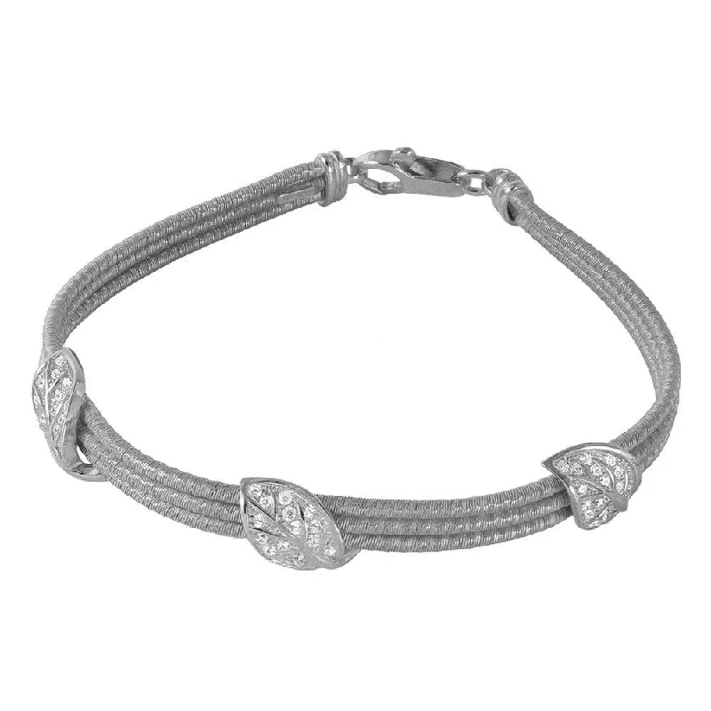 Silver 925 Rhodium Plated 3 CZ Leaves Italian Bracelet - ECB00050RH