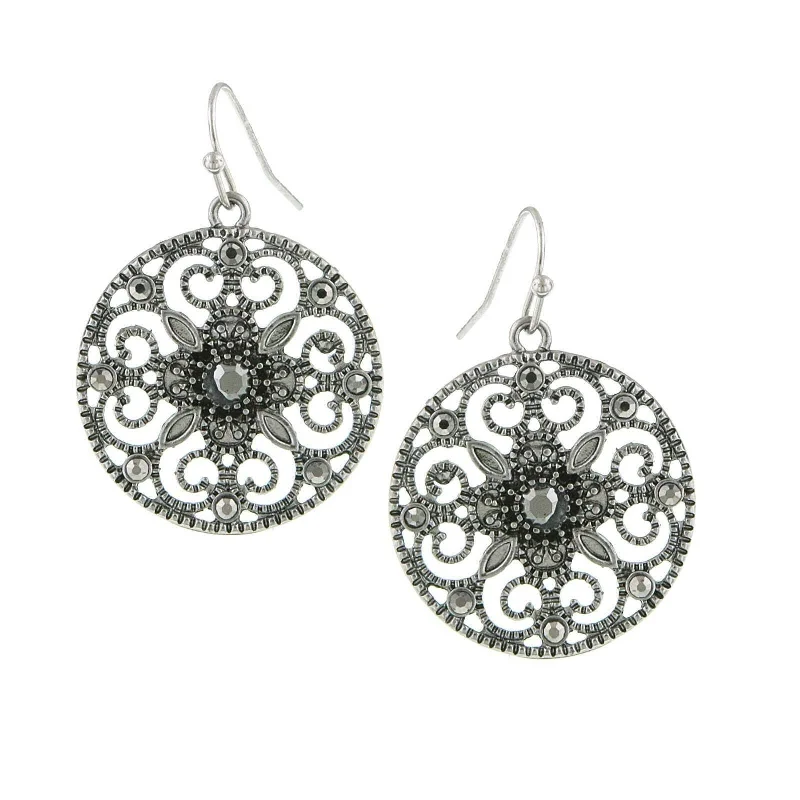 1928 Jewelry Hematite Round Filigree Drop Earrings