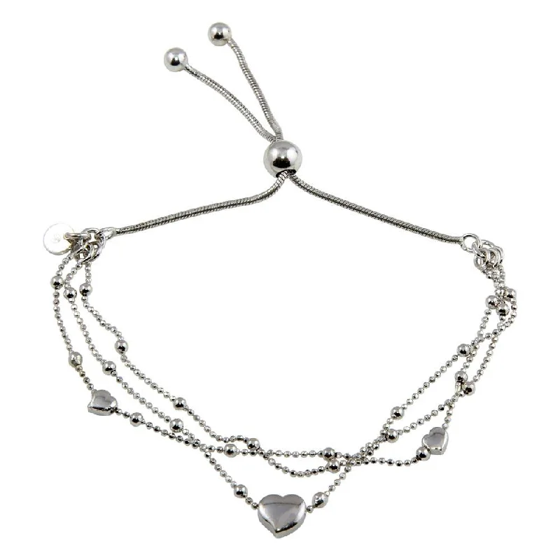 Three-Tone Plated 925 Sterling Silver Multi Chain Hearts Beaded Lariat Bracelet - ECB00126