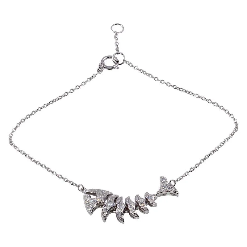 Rhodium Plated 925 Sterling Silver Flexible Fish Charm Bracelet with CZ - BGB00309